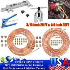 Brake Line Pipe Kit 25ft 3/16 + 1/4 Copper Pipe Flaring Tool & 44 Nuts Fittings