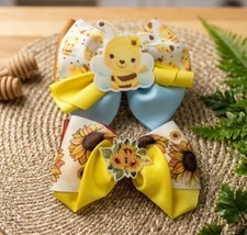 Set of 2 Handmade Children's Hair Bows Bee and Sunflower Theme.