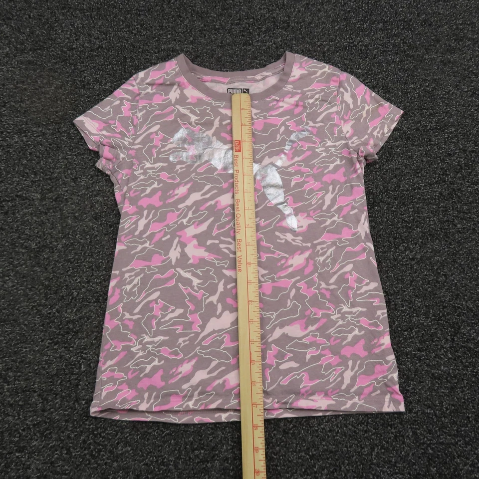 Camisa Puma Niñas Mediana Rosa Gris Camuflada Manga Corta Logo Gráfico Camiseta Top Foto 4 de 4