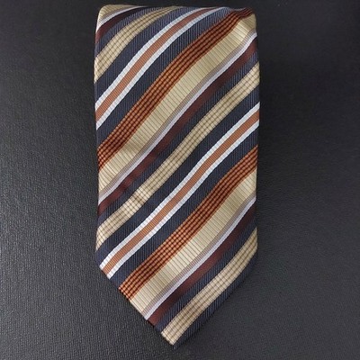 Bergamo New York Tie Blue Tan And Silver Striped Polyester Woven Tie 57'' x 3.75''