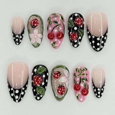 LINMEIZAI 24 Pcs French Tip Press on Nails Short Almond 3D Short, SAS-4 