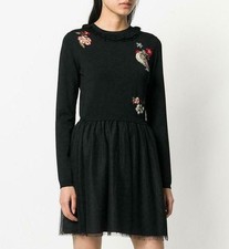 Red Valentino Black Knit Tulle Stretch Flared Embroidered Dress S US 2 - 4