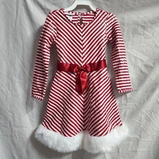 Bonnie Jean Girls Christmas Dress Size 4 / 4T Striped Red and White w/ Faux Fur