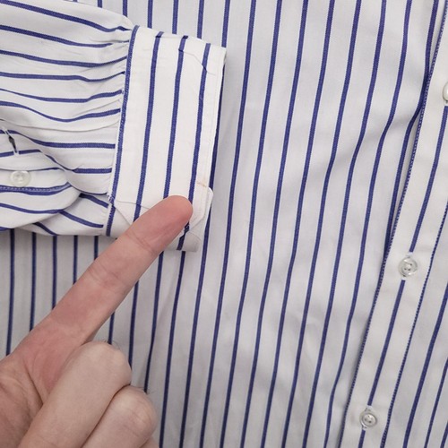 Vintage J Peterman Button Up Shirt Mens Large Banded Collarless White Stripe - Picture 5 of 9