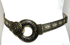 Chicos Slide Adjustable Belt Hook Buckle Brass Gold Jacquard Size M L