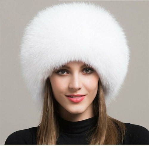 Women Real White Fox Fur Hat Russia 