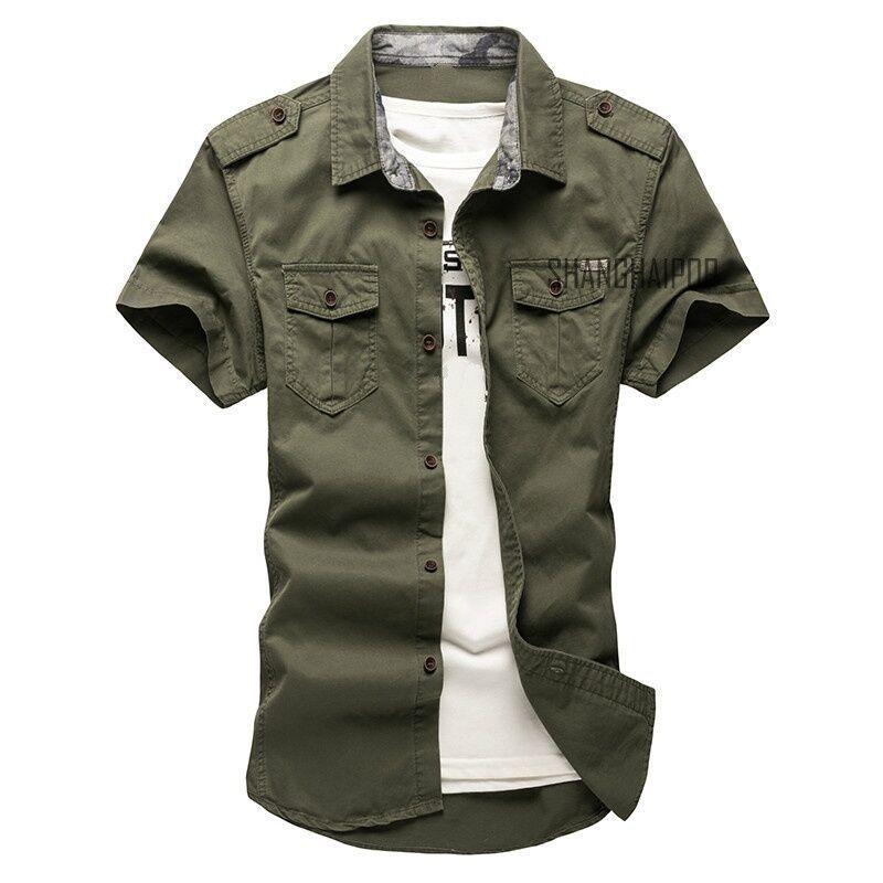 Men’s Casual Cotton Short Sleeve Military Cargo T-Shirt with Pockets