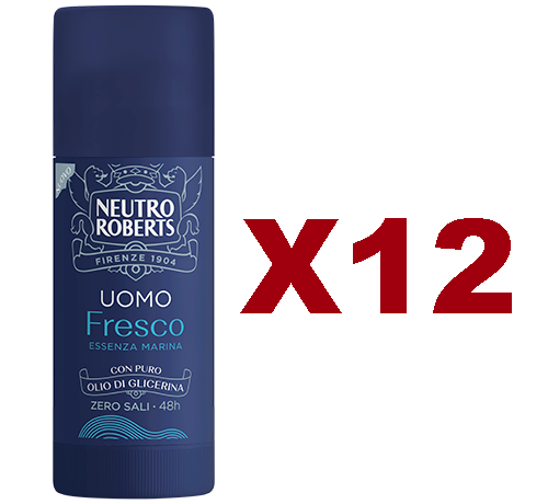 12 PZ NEUTRO ROBERTS UOMO FRESCO DEODORANTE ESSENZA MARINA 48H DEO STICK 40ML