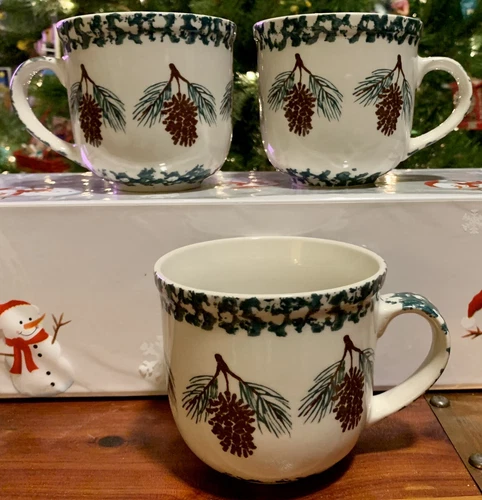 Lot Of 3 Vintage Tienshan Folkcraft Stoneware PINECONE Mugs: AKA HOLIDAY PINES