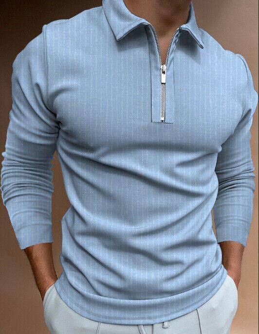 Polo Shirt Men Zipper Collar Long Sleeve Light Blue Fashion Striped Golf Tee Top-image