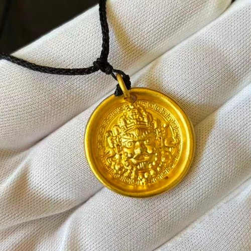 VTG Tibet Amulet Round Gold-plated? Pendant mark '999', Braided Rope Adjustable - Picture 2 of 7