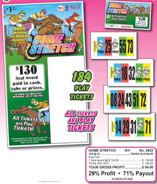 Pull Tab Ticket - Hard Card - Game - Home Stretch - 184 ct