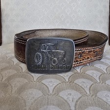 Vintage John Deere Tractor Bronze Metal Belt Buckle  Leather Embellished Belt