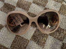 JESSICA SIMPSON Black Oversized Oval Sunglasses Gold Cutout Logos J6383-OX