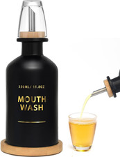 Mouthwash Dispenser for Bathroom 11.8Oz   Glass Mouthwash Bottle with Cup  Bamb