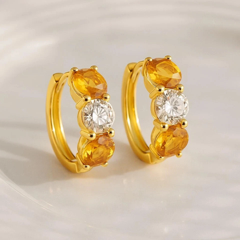 2Ct Round Lab Created Citrine Women Huggie Hoop Earrings 14K Yellow Gold Plated - Image 3 of 4