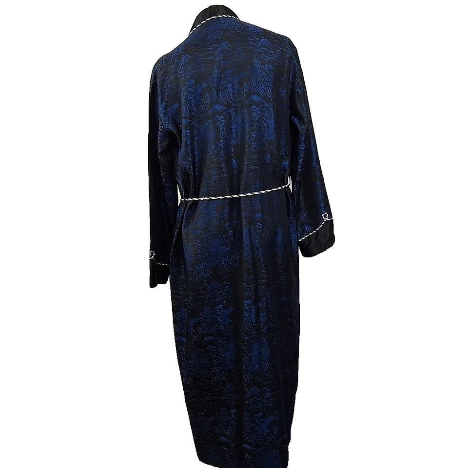 Roupão masculino vintage anos 50 moda alta comprimento total azul royal preto brocado de seda G - Imagem 2 de 4