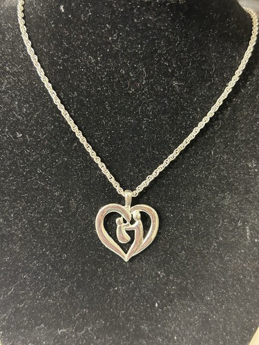 Silver Toned Mother and Child in A Heart Pendant Necklace 15 + 3 Inches