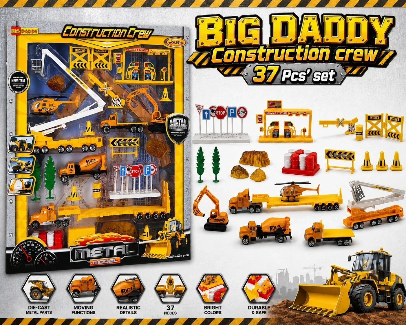 Big Daddy 37 Pc' Construction Toy Vehicles, Kids Mini Trucks Playset 1:87 Scale