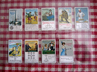 9 OLD TRICKS AND PUZZLES SERIES GALL AHER CIGARETTE CARDS 1913 RARE GREEN BACK