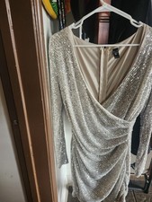 Windsor Silver Sequin Bodycon Dress V-Neck Long Sleeve Short Regular