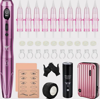 Tazto Pink Rotary Tattoo Pen Kit Type-C USB Charging OLED Adjustable + Needles