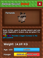  ROBLOX - Grow a Garden -   RAINBOW Raccoon   - LVL 100  
