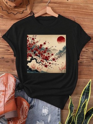 Women's Japanese Woodblock Printed T-Shirt  Blossom Sun Design Short Sleeve Top 
