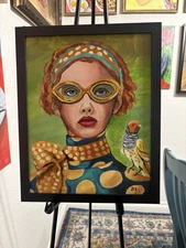 Woman With Bird Painting Framed 11 X 14” Hand Painted, Not A Print, Portrait