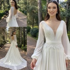Beach A-line Wedding Dress Long Sleeve Backless Lace Chiffon Boho Bridal Gowns