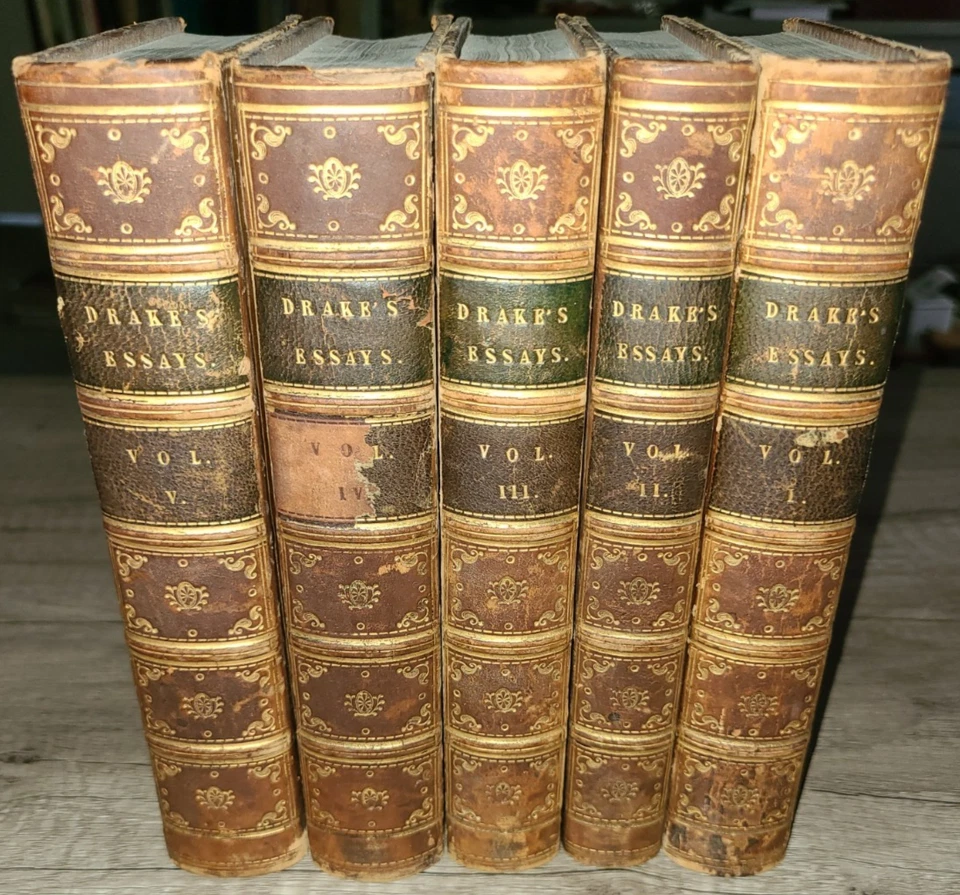 Antique leather 5 volume book set, Drake's Essays by Nathan Drake, 1805 / 1810