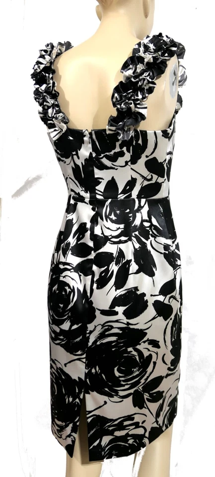 White House Black Market Ruffle Strap Abstract Satin Wiggle Cocktail Dress sz 6 - Image 4 of 4