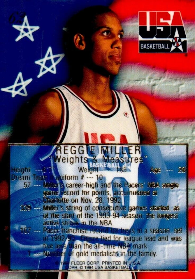 1994 Flair (Fleer) #62 Reggie Miller Weights and Measures USA Basketball - Image 2 of 2