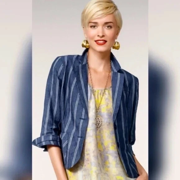 Cabi Linen Blazer Jacket Size 6 Navy Blue Striped Nautical Button Front #871 NEW - Image 3 of 4