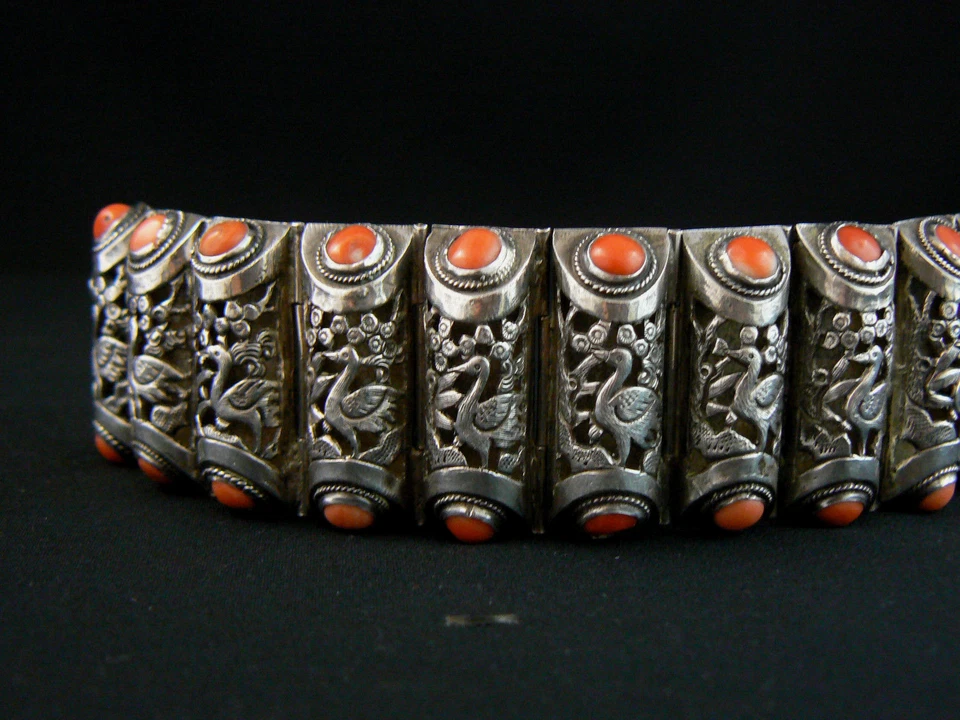 Excelente Pulsera Antigua China de Coral y Plata Hecha en China Exportación Foto 4 de 4