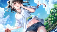 Anime girls lowangle water standing in sky clouds Playmat Gaming Mat Desk