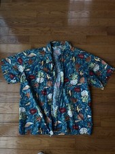 Vintage 90  s Tropical Fish Ocean All Over Print Blue Button Up Cotton Shirt M
