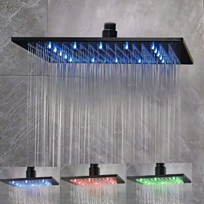 Matte Black 16 Inch LED Rainfall Shower Head Square Top Sprayer Stainless Steel