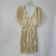 BABEYOND Gold Sequin Butterfly Sleeve V Neck Flapper Mini Dress Women's Small