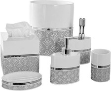 Mirror Damask White Gray Bathroom Accessories Set 6 Piece Bathroom Accessory
