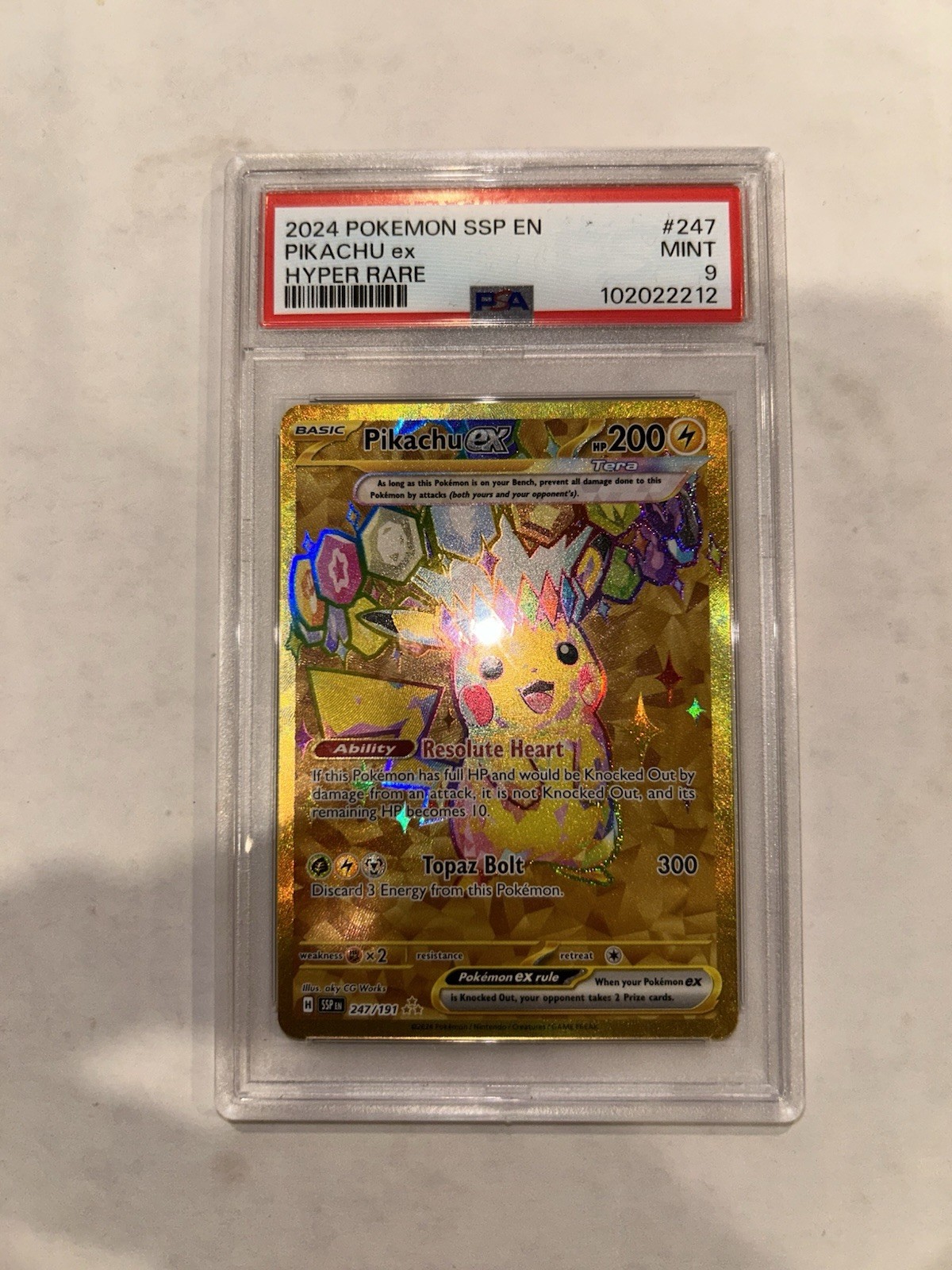 PSA 9 MINT Pokémon Pikachu ex Gold Hyper Rare Surging Sparks EN 247/191