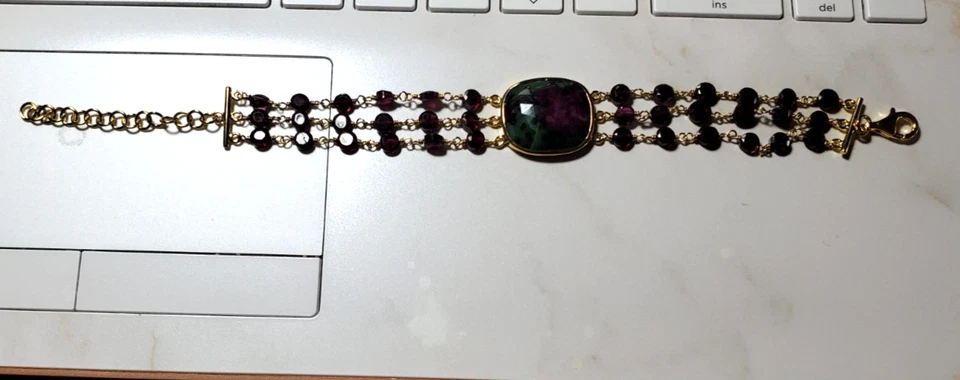 Sterling Silver Genuine Raw Ruby & Rubies 3 Row Beaded Bracelet 7-8.5" - Image 3 of 4