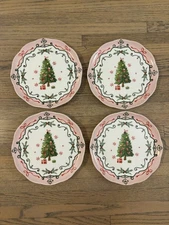 Potter's Studio Christmas Tree Set Of 4 Pink Trim Dessert Salad Plates NEW