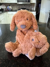 Cloud Island Plush Dog Mom and Baby Puppy Toy Rattle Set Brown 15 Inch Soft Baby