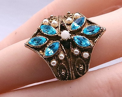 Vintage Cocktail Blue Rhinestone Faux Pearl Adj. Silver tone Ring size 6