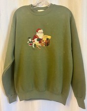 VTG Green Santa Claus Embroidered Sweatshirt Size M Christmas Grandmacore