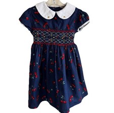 Vintage Hand-Smocked Embroidered Cherries Size 3/4 Dress Peter Pan Collar School