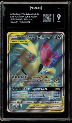 Pokemon Mega Sableye & Tyranitar GX Unified Minds Full Art #225 TAG 9 Mint