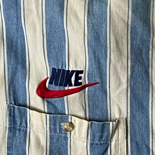 Vtg Nike Blue White Striped XL Shirt Swoosh Logo Long Sleeve Cotton Denim USA - Picture 3 of 5