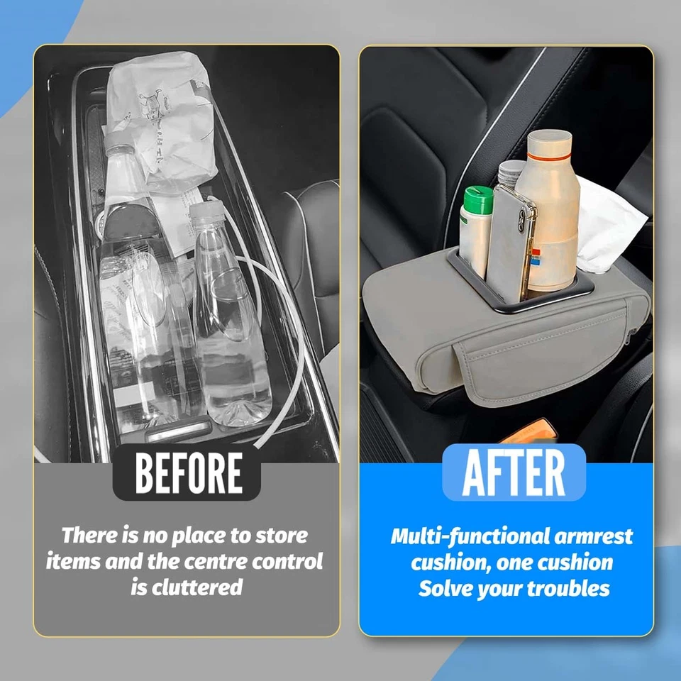 Universal Car Center Console Armrest Box Cup Holder Leather Multi-function Gray Foto 3 de 4